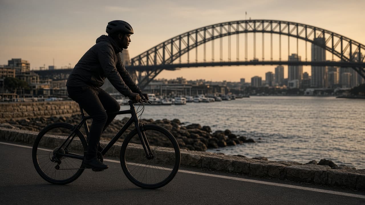 Cyclist riding near Sydney Harbour at sunset
