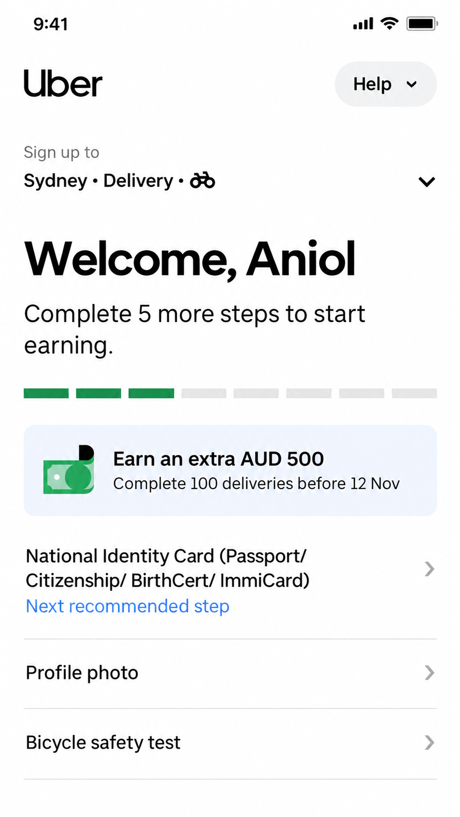 Uber bicycle delivery signup welcome screen