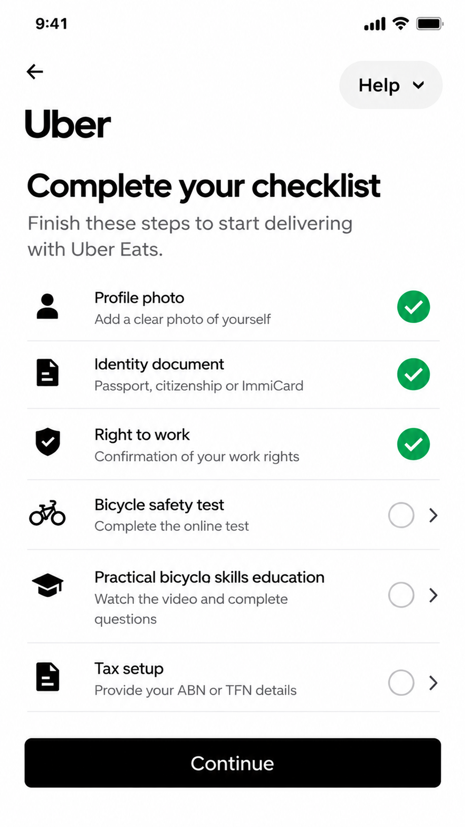 Uber bicycle delivery signup checklist