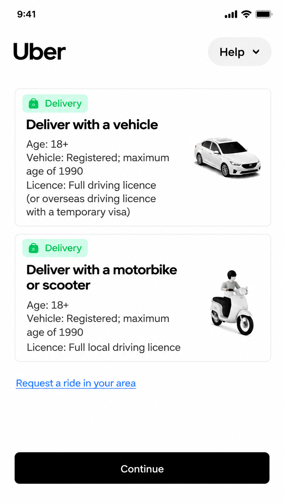 Uber car delivery selection screen