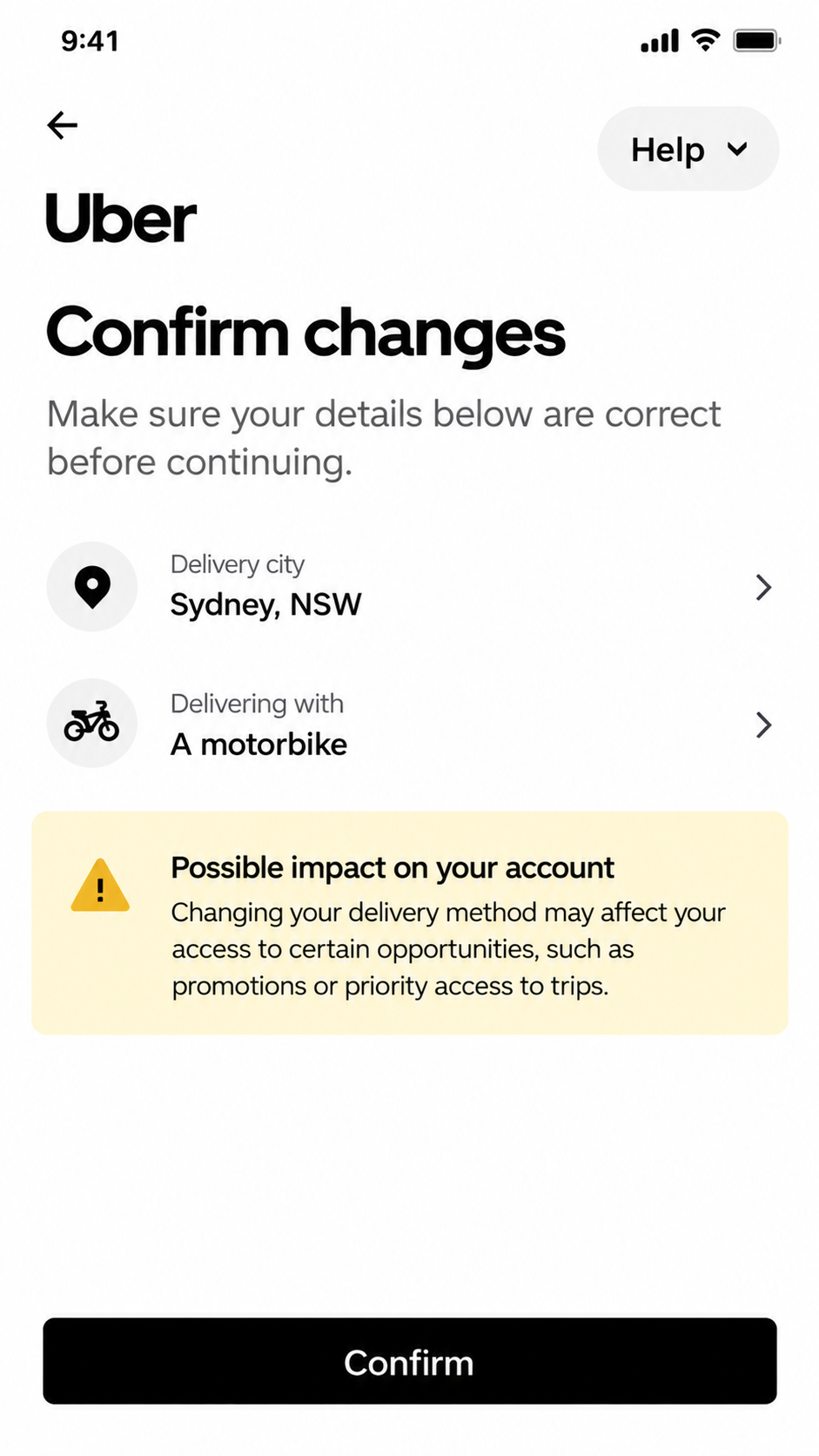 Uber motorbike delivery confirmation screen in Sydney