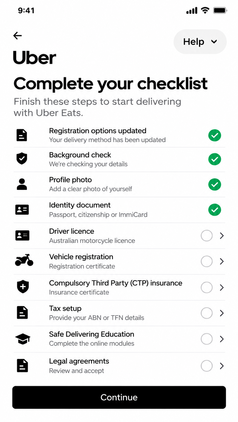 Uber motorbike delivery signup checklist