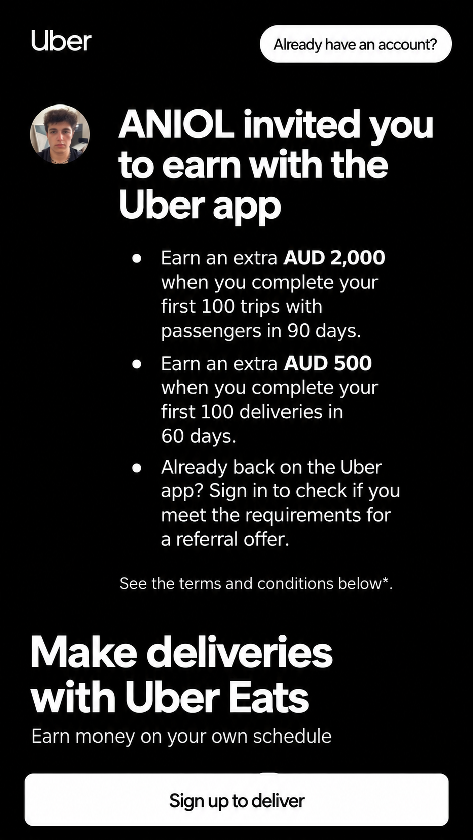 Uber signup referral invitation screen
