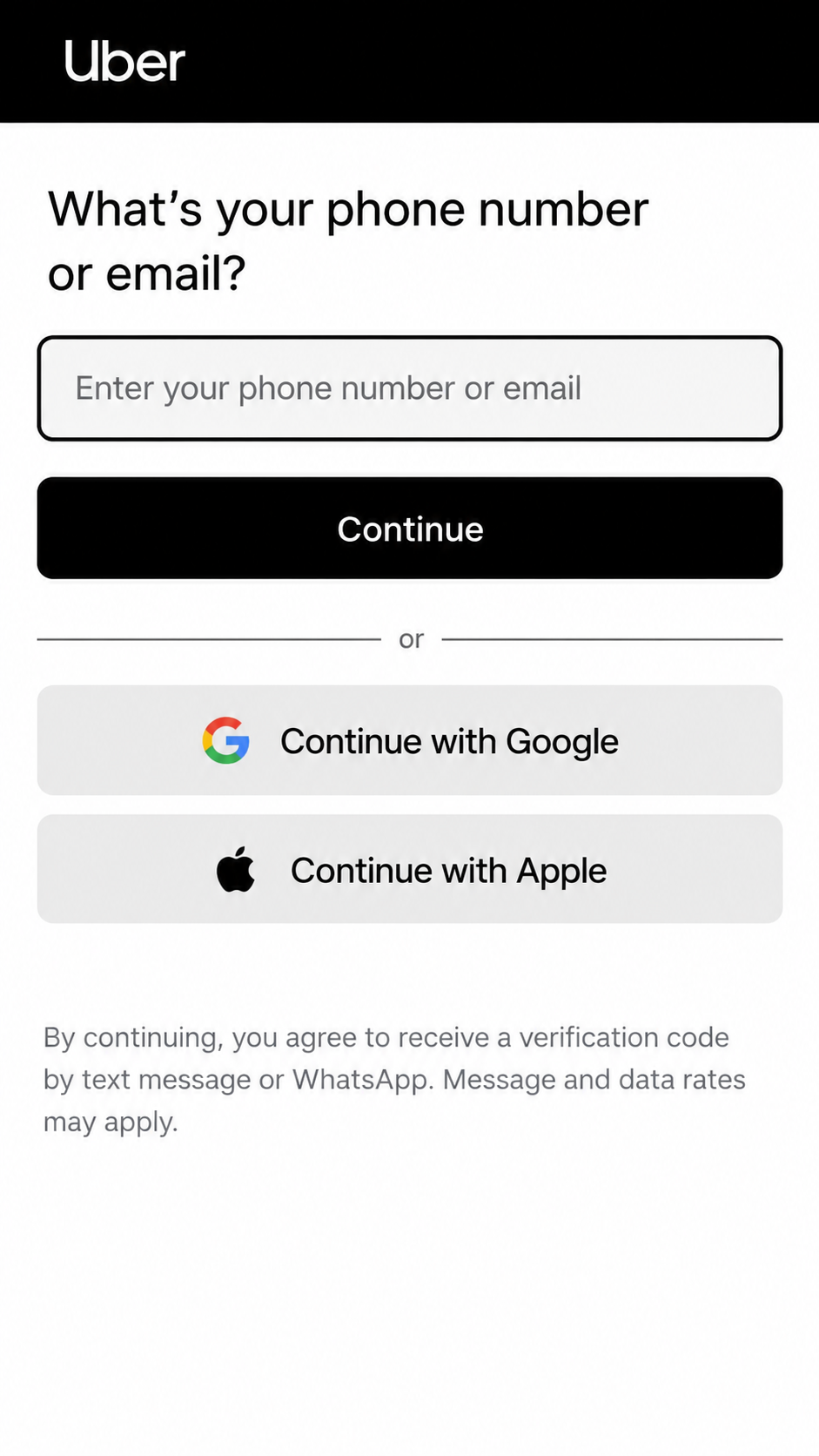 Uber phone or email signup screen
