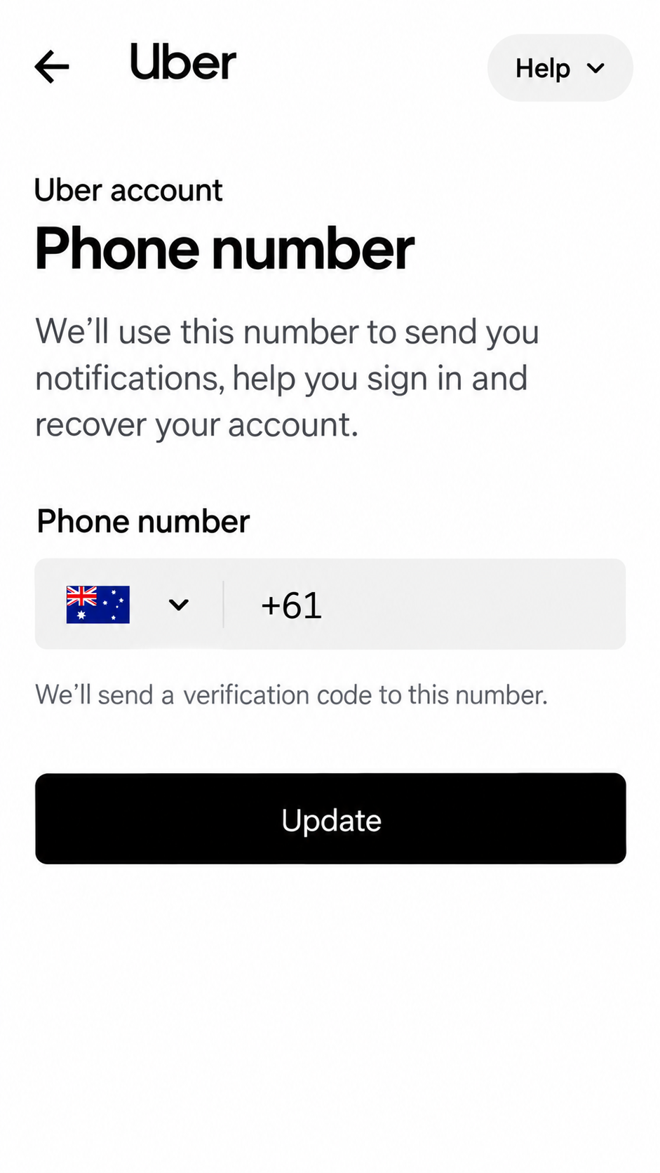Uber phone number signup screen
