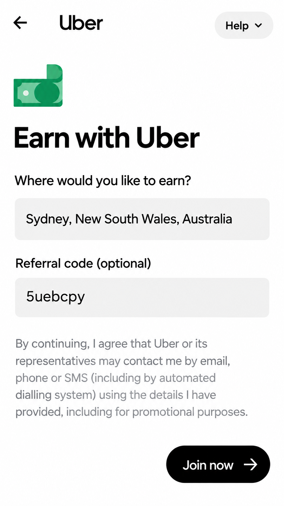 Uber referral code field in Sydney signup
