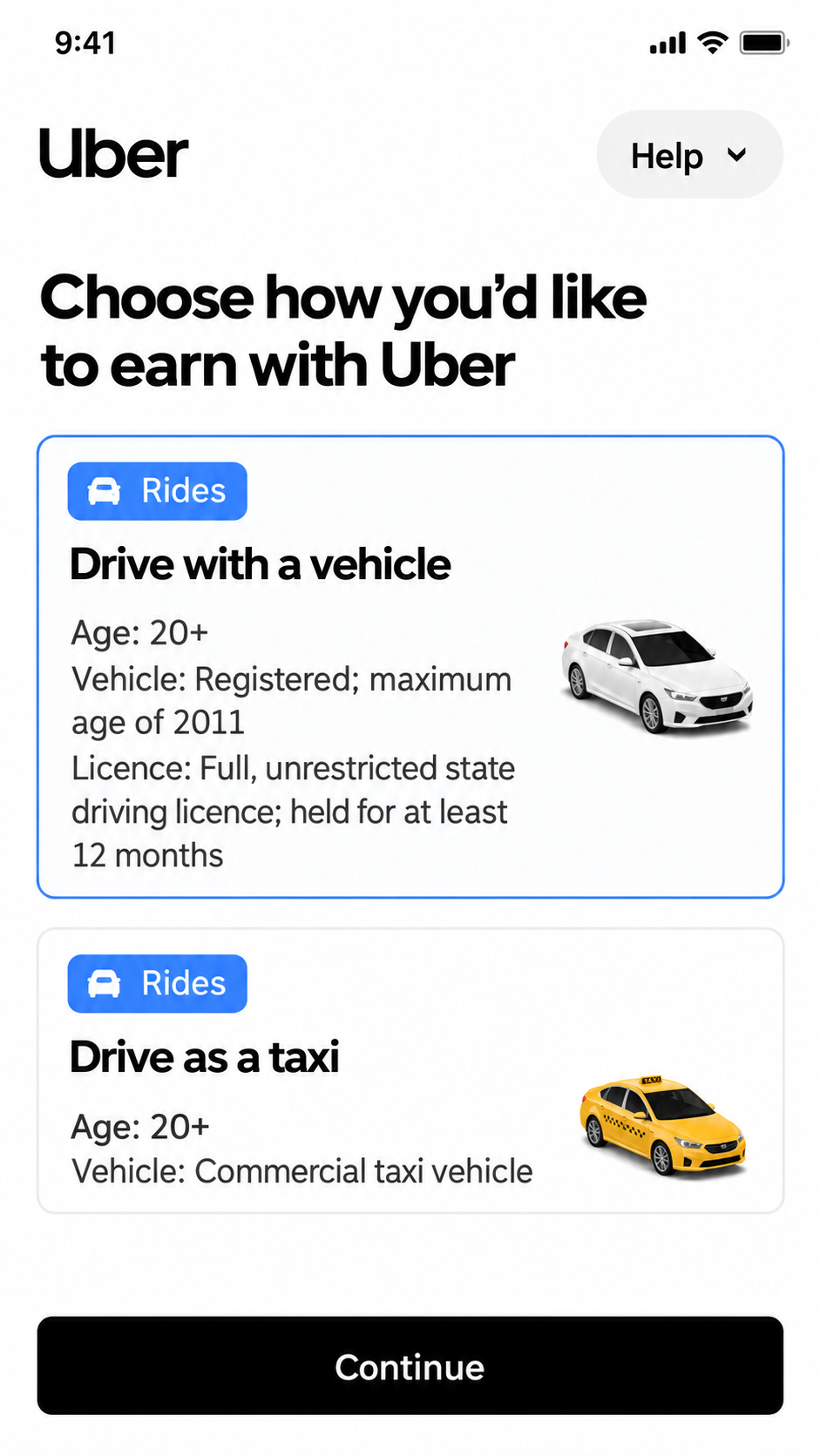 Uber earning method selection screen