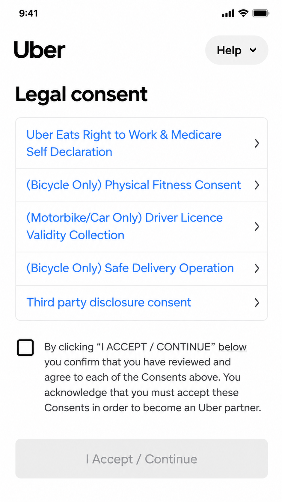 Uber legal consent screen during delivery signup
