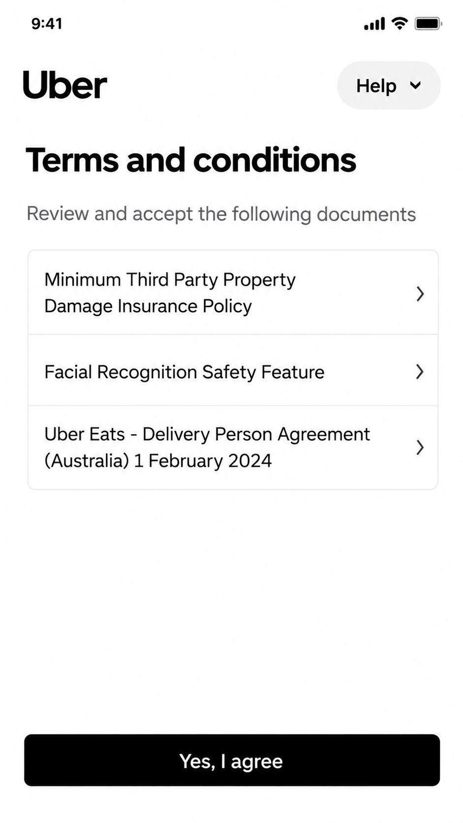 Uber conditions and agreement confirmation screens