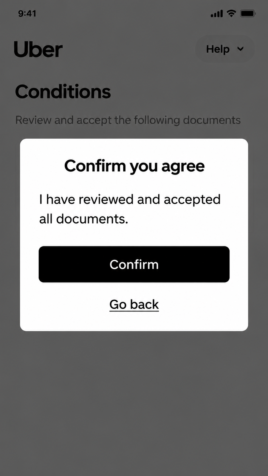 Uber conditions and agreement confirmation screens