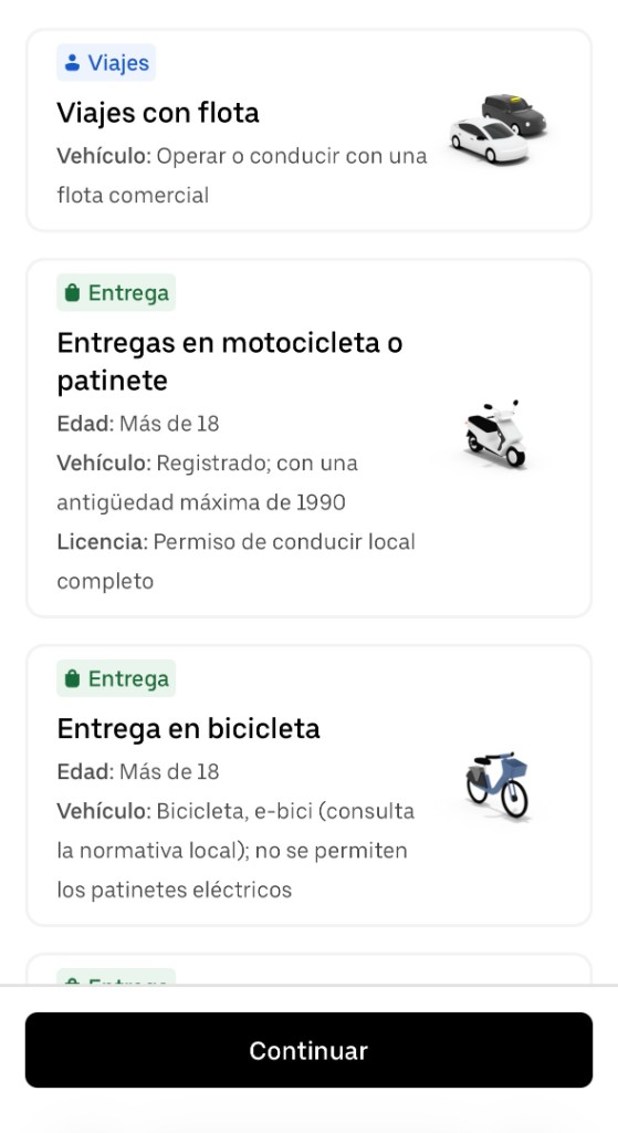 Ejemplo de pantalla de Uber mostrando entrega en bicicleta o e-bike
