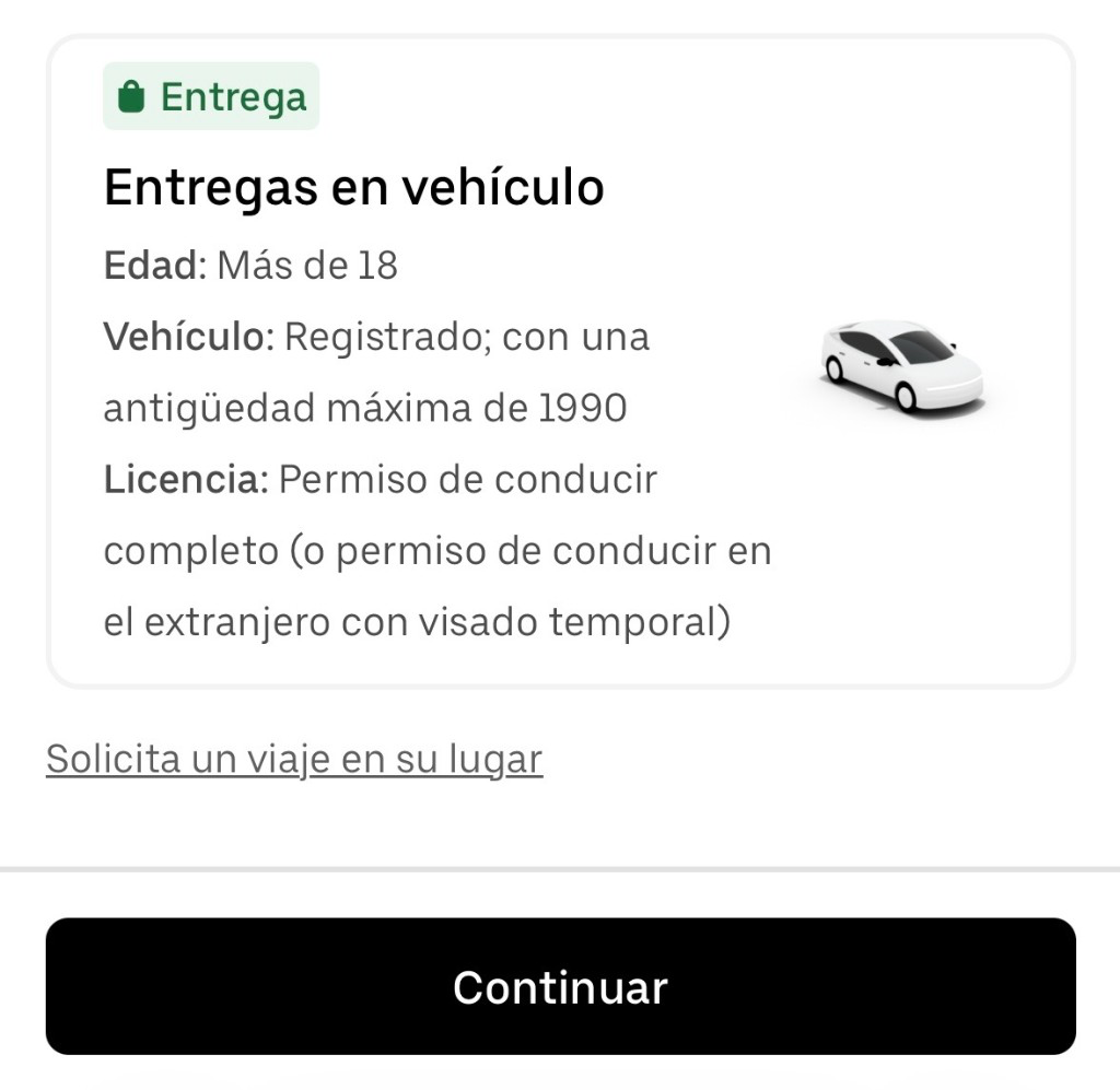 Ejemplo de pantalla de Uber mostrando entrega en coche como Entregas en vehículo