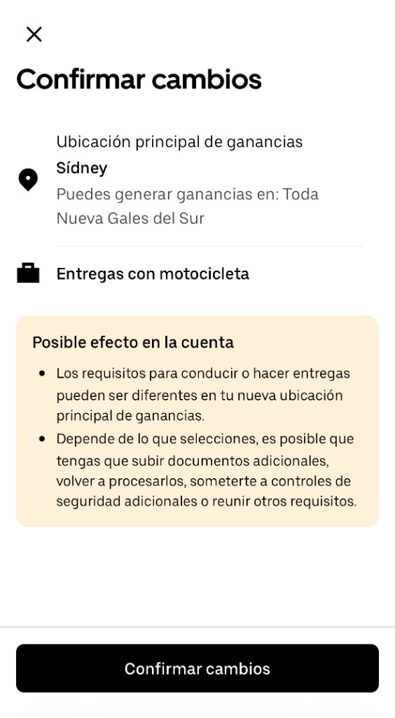 Ejemplo de pantalla de confirmación de entrega en moto en Sídney