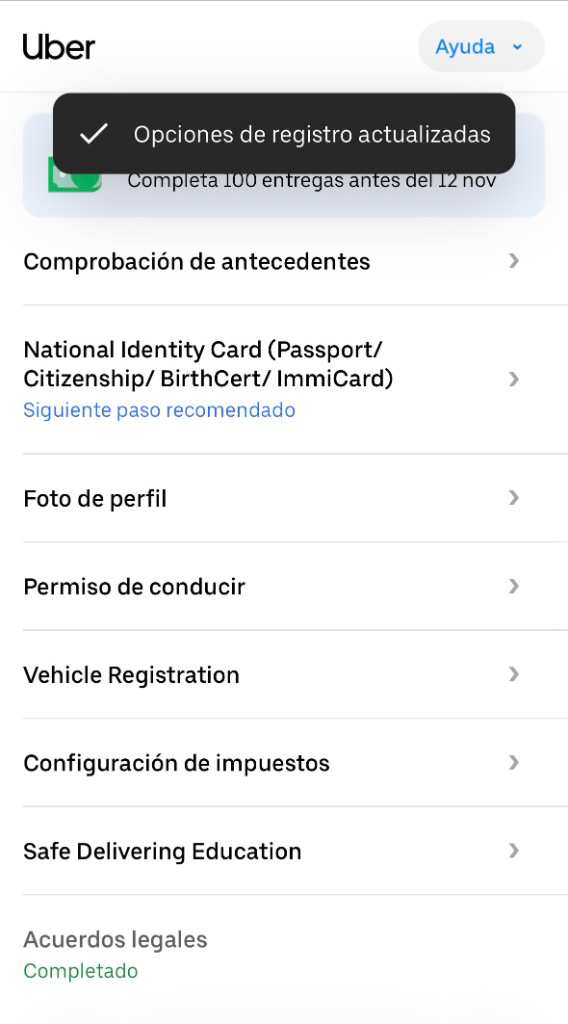 Ejemplo de lista de incorporación en moto, con carnet y registro del vehículo