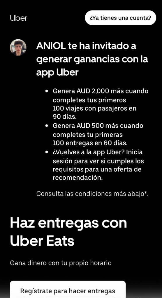 Ejemplo de la página de registro de Uber después de abrir un enlace de referido