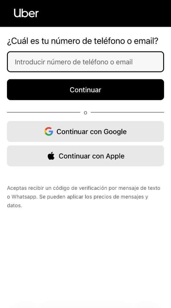 Ejemplo de pantalla de Uber pidiendo teléfono o correo