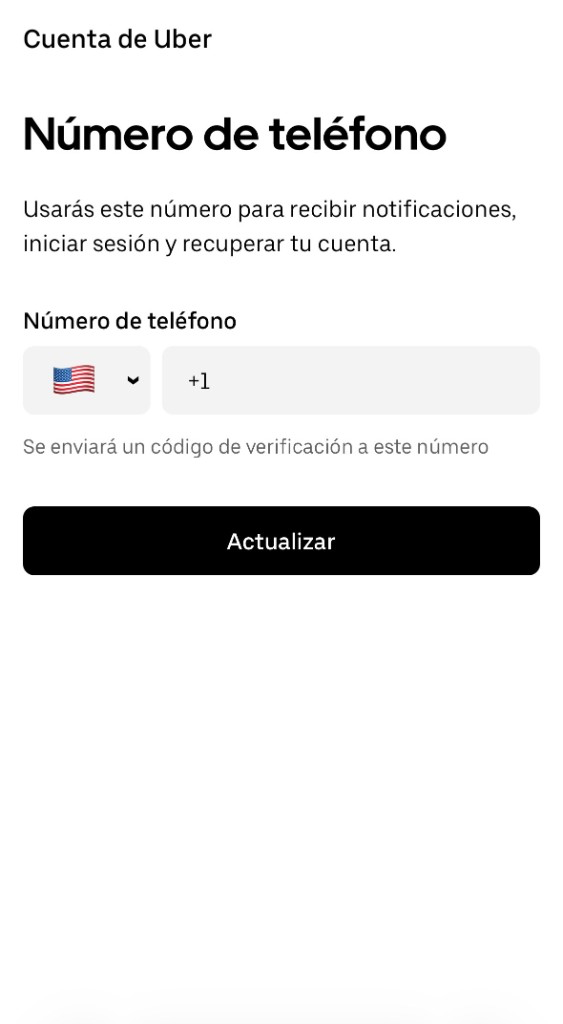 Ejemplo de pantalla de verificación de teléfono de Uber