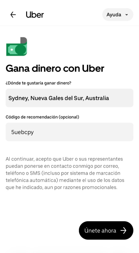 Ejemplo del campo de código de referido de Uber