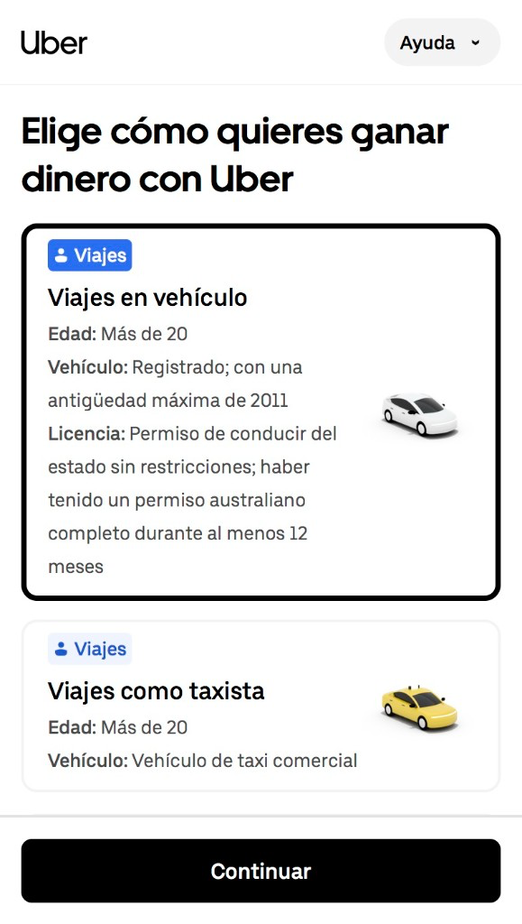 Ejemplo de pantalla de Uber con opciones de entrega, incluida moto y bicicleta