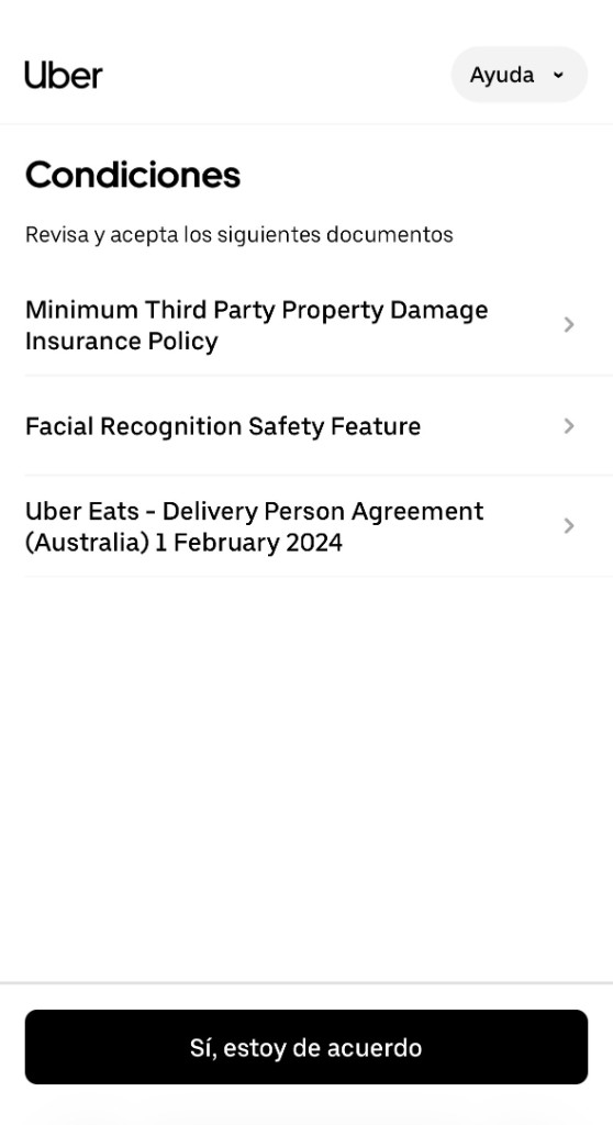 Ejemplo de pantalla de condiciones de Uber con documentos de entrega