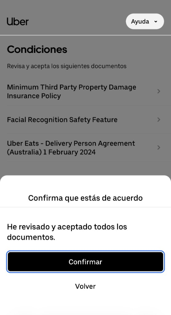 Ejemplo de pantalla de condiciones de Uber con documentos de entrega